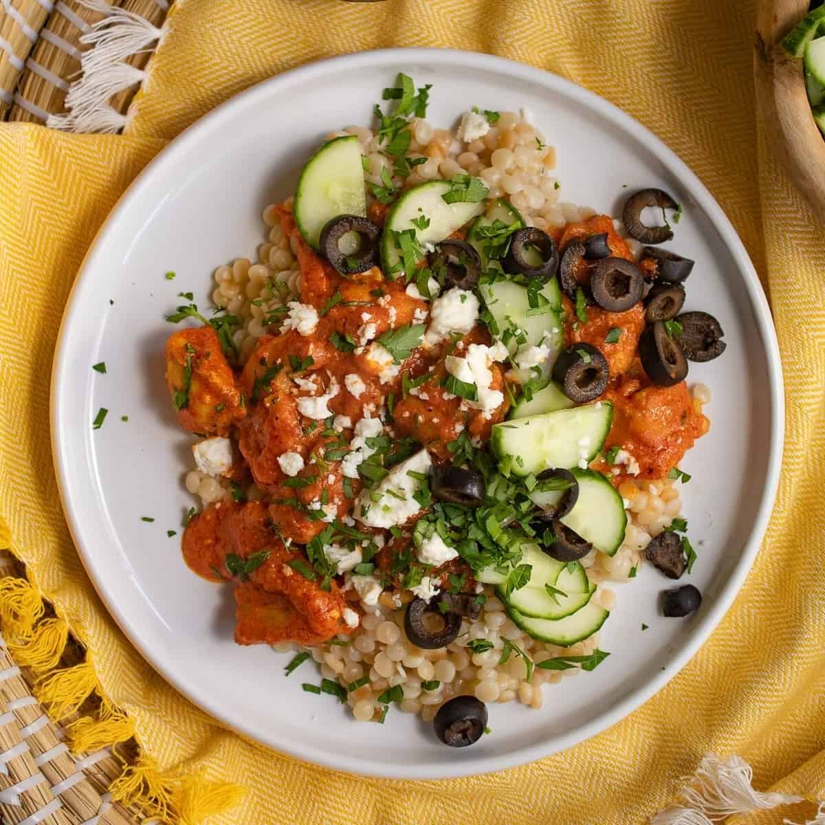 30 Minute Roasted Red Pepper Chicken With Pearl Couscous
