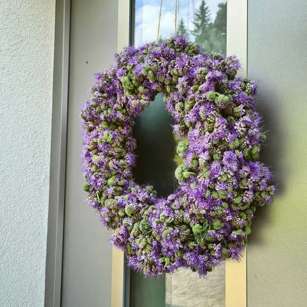 a wreath hanging on a door with purple flowers