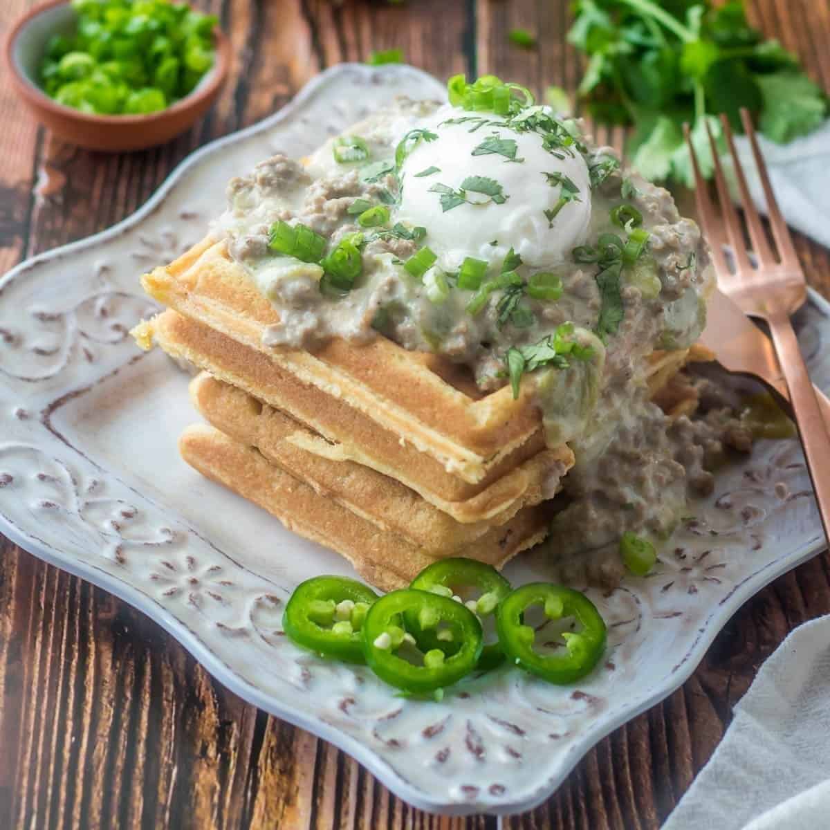 Cornmeal Waffles With Green Chile Sausage Gravy Cornmeal Waffles With Green Chile Sausage Gravy