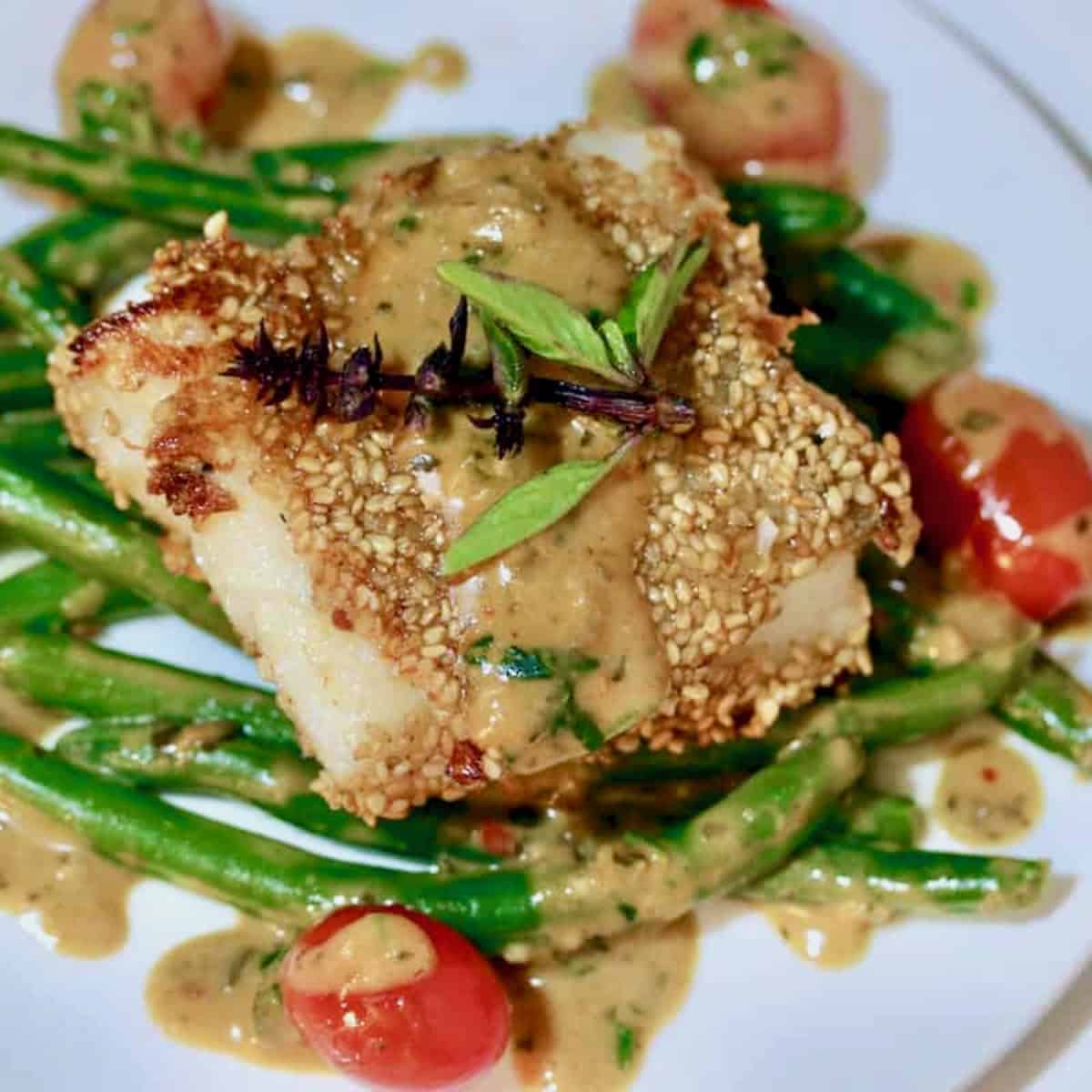 Roasted Sesame Crusted Cod With Haricot Verts Lemongrass Basil Sauce