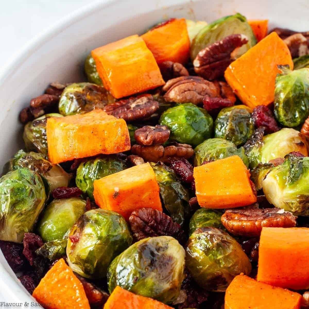 Roasted Brussels Sprouts And Maple Sweet Potatoes With Pecans And Cranberries