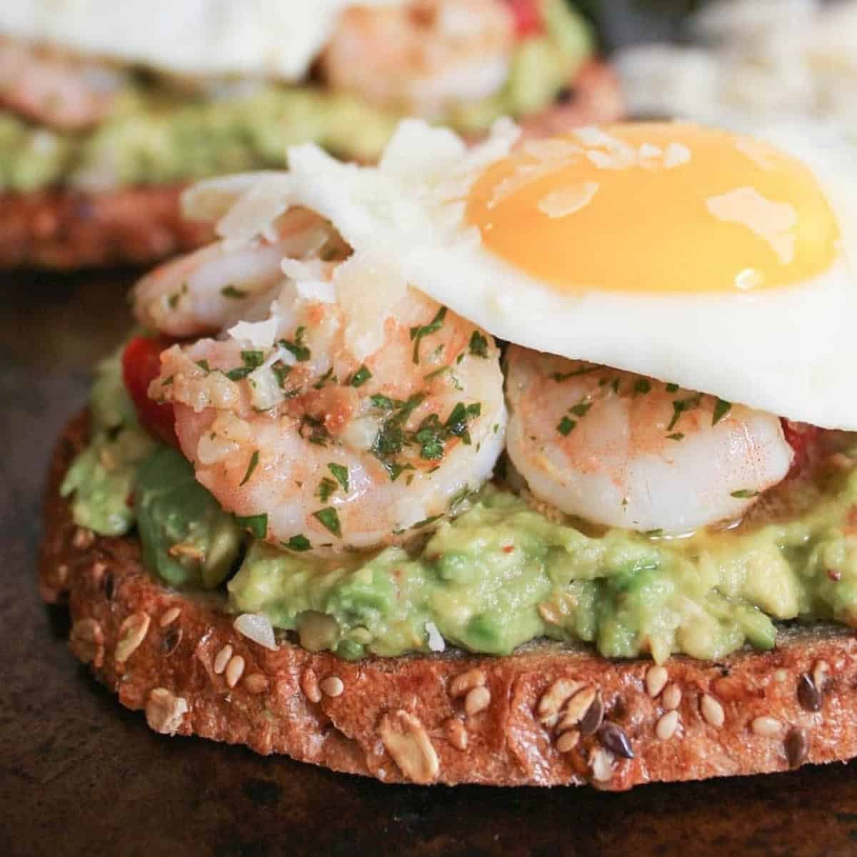 Avocado Toasts Charred Tomatoes Garlic Shrimp Fried Eggs