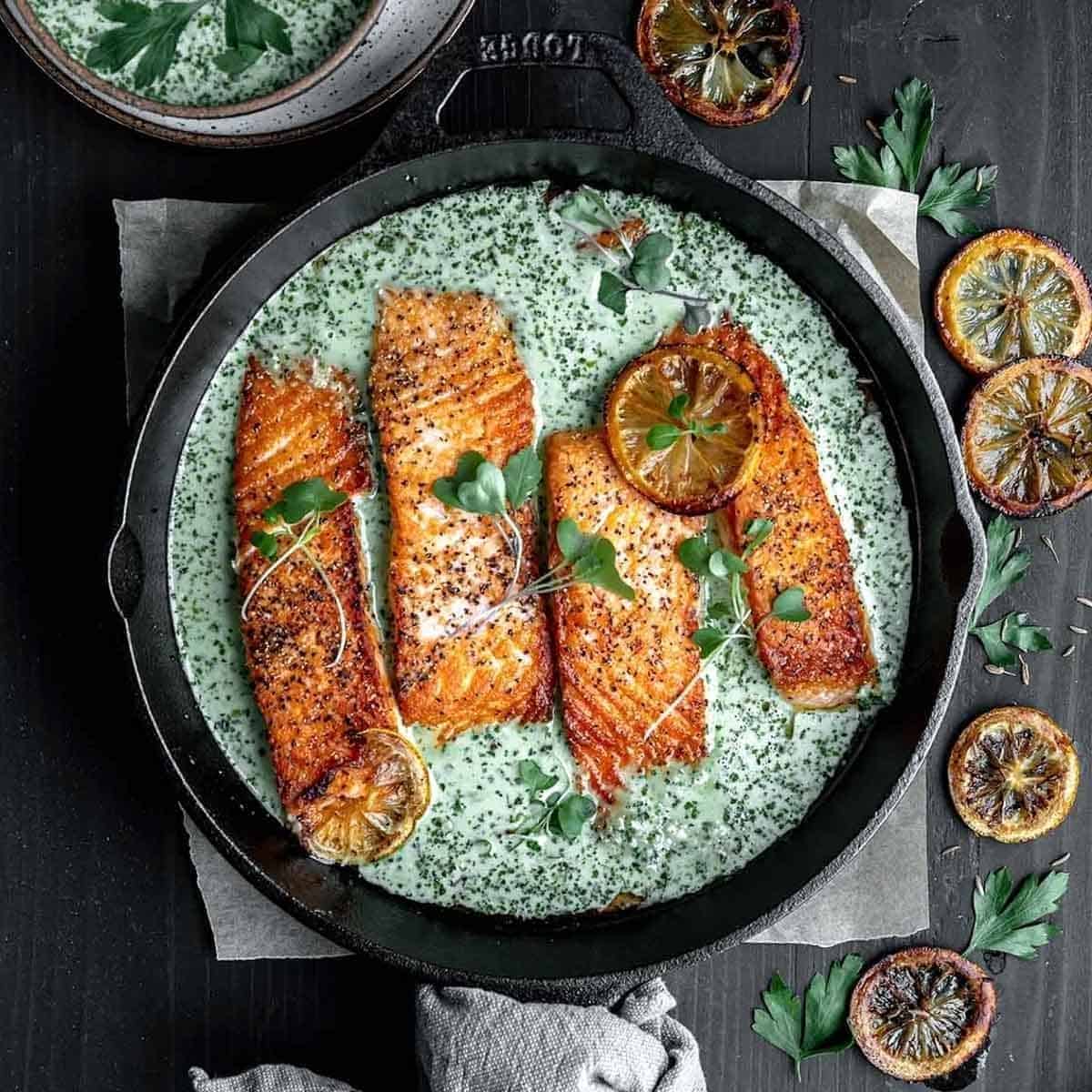 Cast Iron Salmon With Creamy Schug